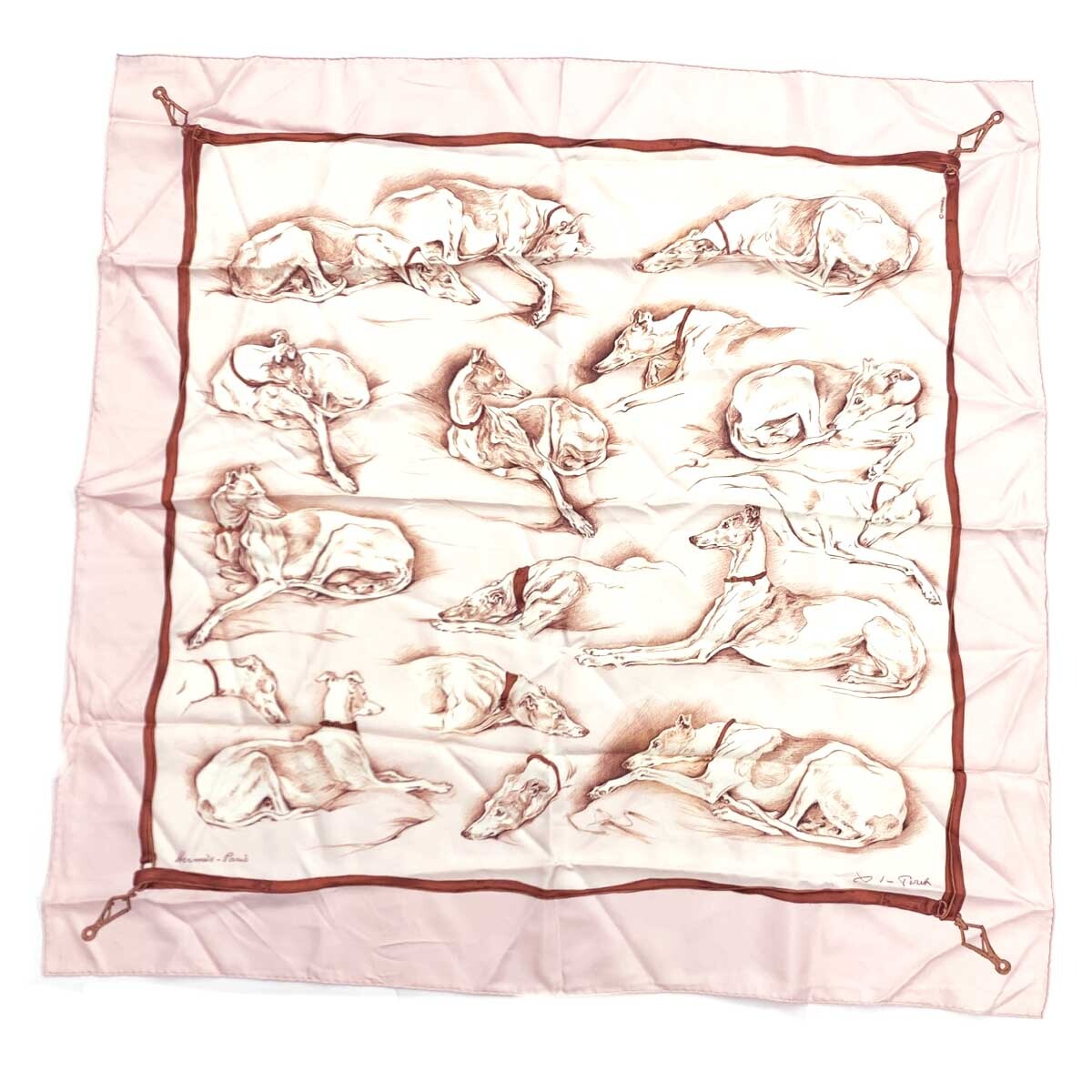 ◆HERMES エルメス カレ90 スカーフ◆ ピンク シルク100% レ・ヴリエール グレイトハウンド犬 グザヴィエ・ド・ポレ レディース 70s拍卖