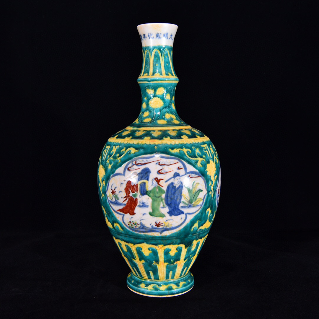 『明・成化年製款・古陶瓷品・法華彩・人物故事紋・花瓶・花器』極細工 置物古賞物 中国古玩 中国古美術拍卖