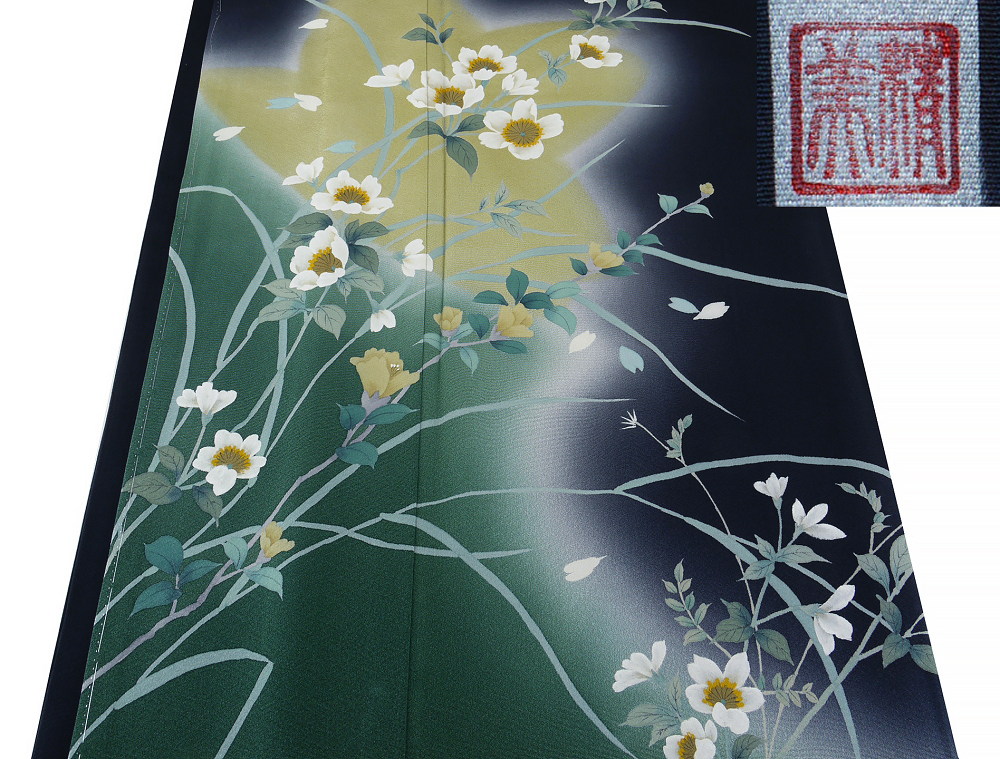 【京かんざし】b-461★作家物 落款有 訪問着 本加工手描き友禅 黒地 躾糸付未着用身丈162 cm裄丈65 cm★即決送料無料拍卖