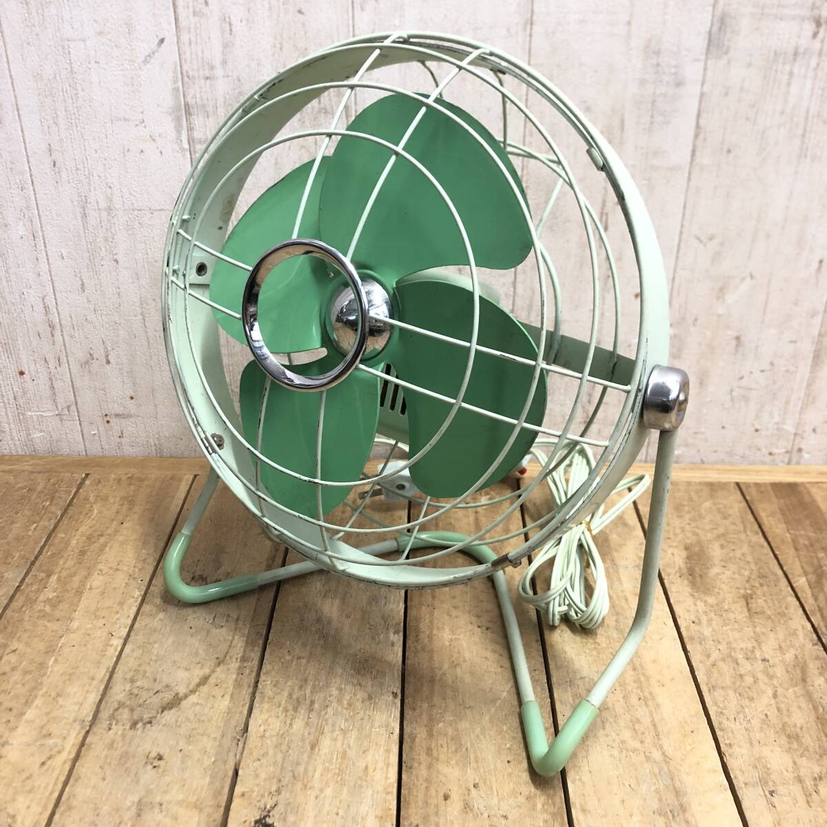 *【通電OK】レトロ 日栄産業 STAR LIGHT FAN 扇風機 鉄羽 4枚羽根 卓上 ディスプレイ インテリア 緑 グリーン系 NICHIEI 昭和 訳あり拍卖