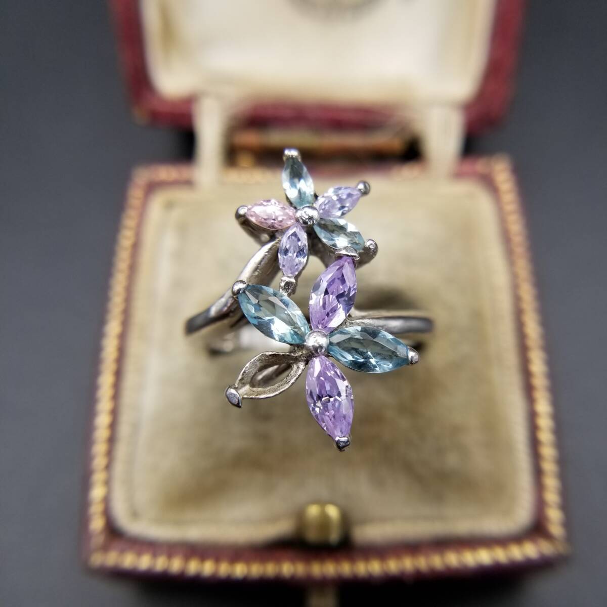 パープル ブルー マーキスカット ラインストーン 上品 925 シルバー ヴィンテージ フラワー リング 銀 指輪 可憐 Y20-Y拍卖