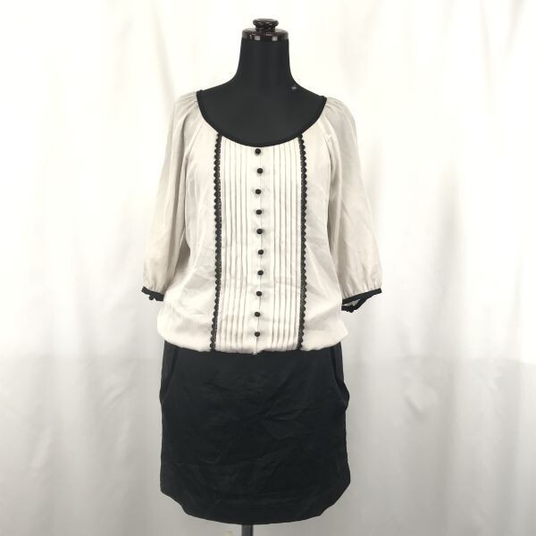美品 日本製★長袖/膝丈ワンピース【M/ホワイト×ブラック】◆BG603拍卖
