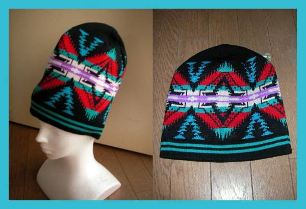 【新品】即決価格 幾何学模様 ニット帽 ワッチキャップ ネイティブ柄 黒 総柄 早い者勝ち拍卖