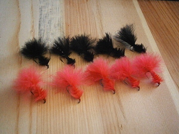 ★完成フライ、管釣り用「ポンド・マラブー」#12 ブラック&蛍光レッド 各5本拍卖