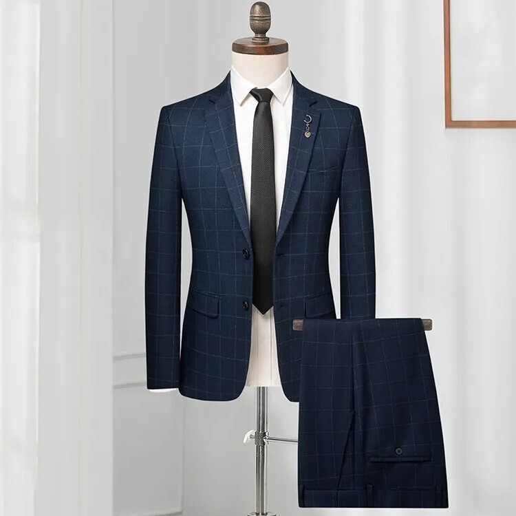 H1150-L ネイビー 高品質 新品 格子柄 パンツ スーツ メンズ セットアップ スリーム ジャケット ビジネススーツ 春秋 シングルスーツ拍卖