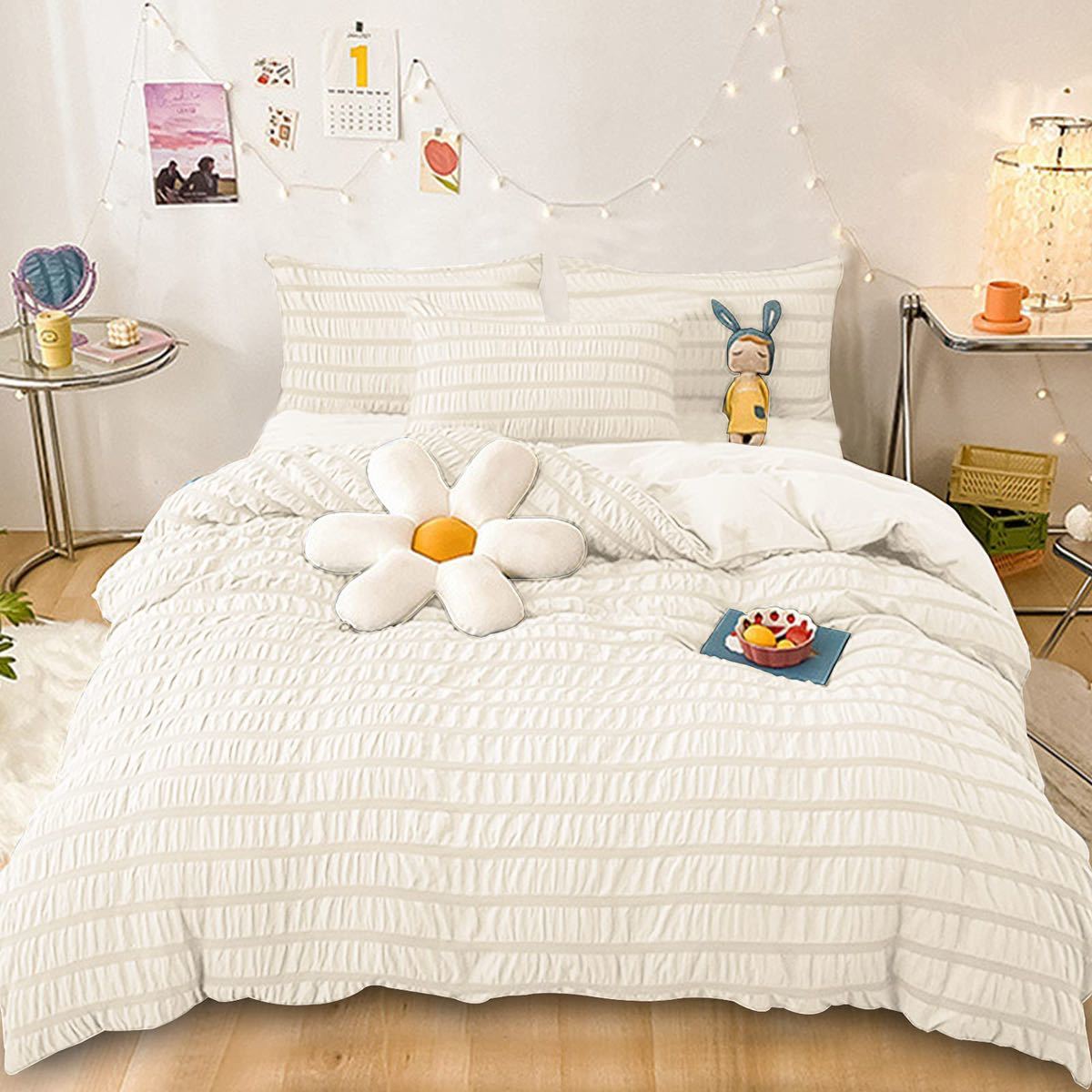 寝具カバー3点セット 布団カバー ボックスシーツ 枕カバー シングル シアサッカー生地 優しい肌触り 速乾タイプ ピーチスキン加工拍卖