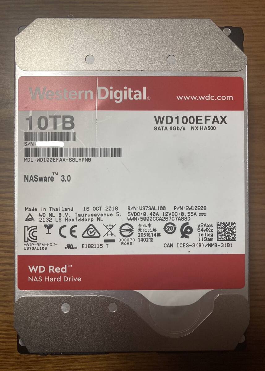 【状態◎】Western Digital ウェスタンデジタル WD Red シリーズ WD100EFAX 3.5インチ HDD 10TB(備考:NAS向けHDD)拍卖