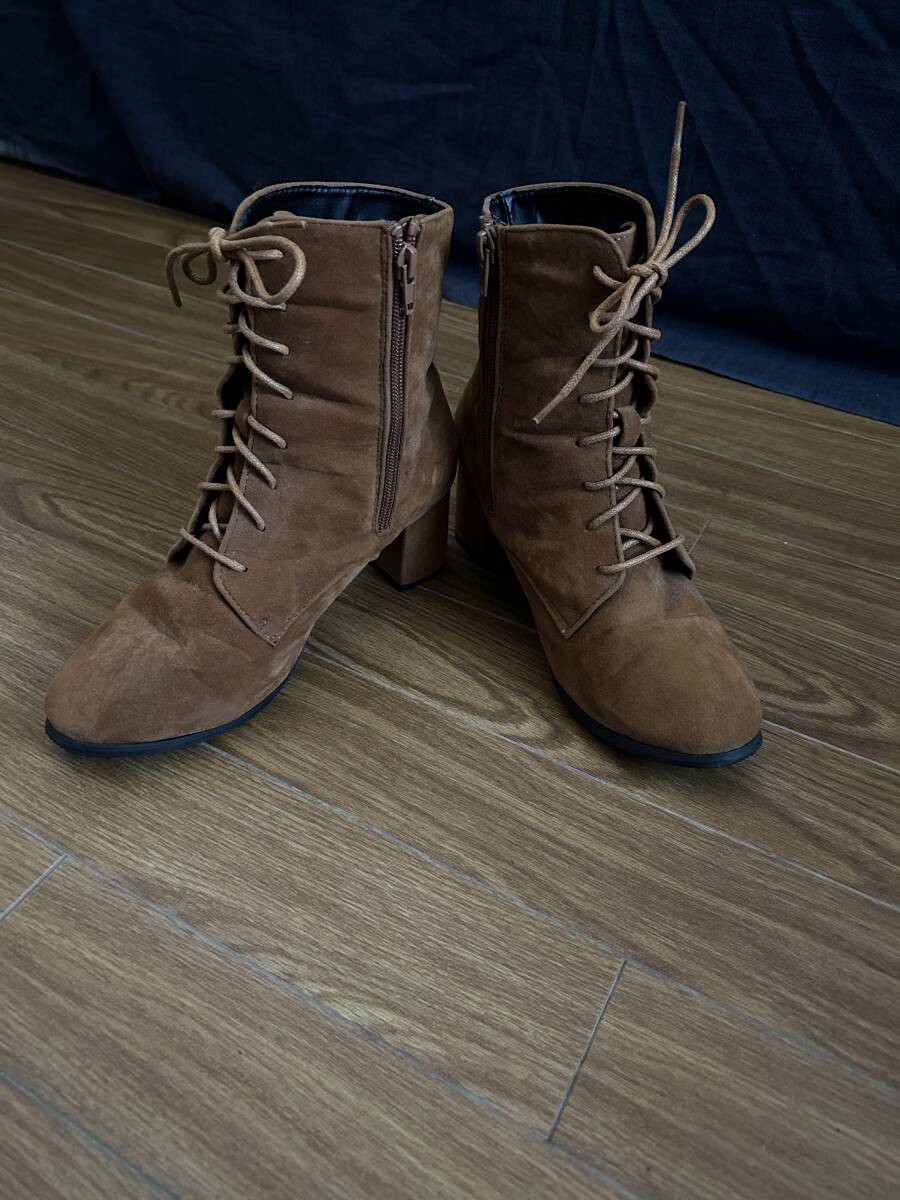 ★レディース 編み上げショートブーツ スウェード ベージュ ブラウン サイズLL 大き目 拍卖