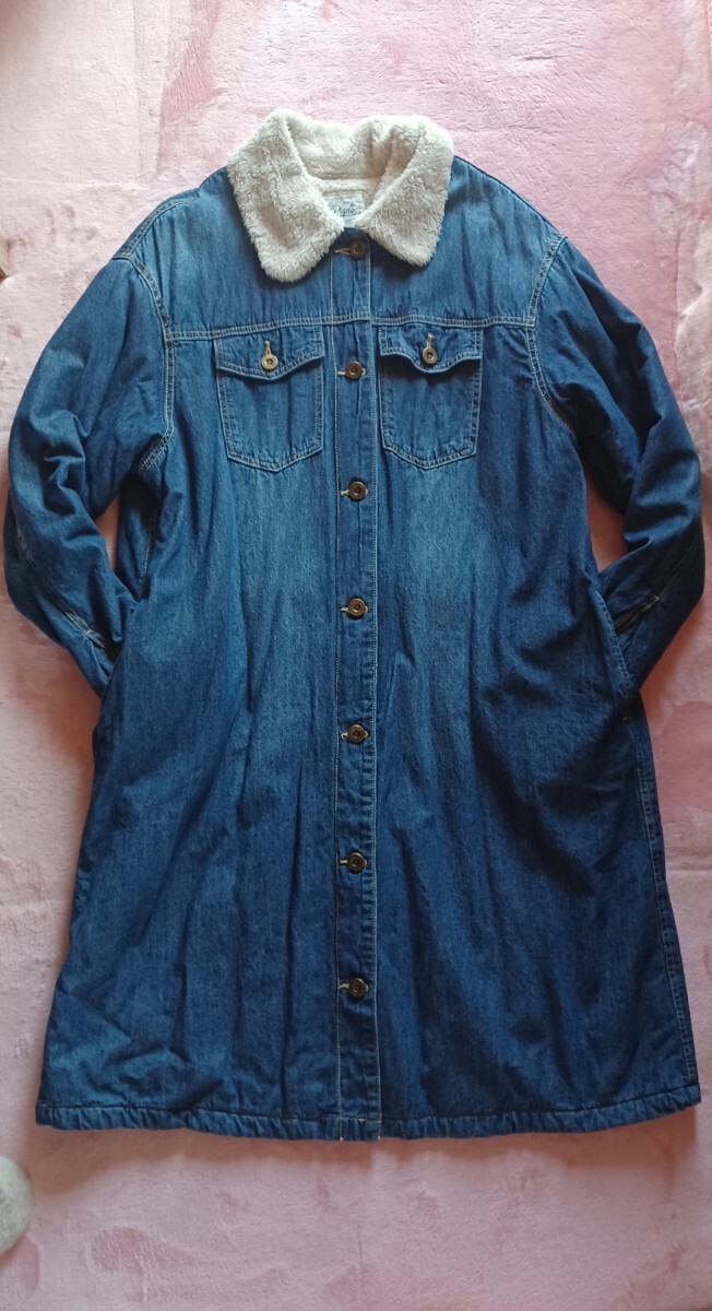 ★お洒落ゆったり可愛い♪裏地ボア軽量ふかふか暖か柔らか♪長袖ウォッシュドブルーデニムロングコート☆拍卖