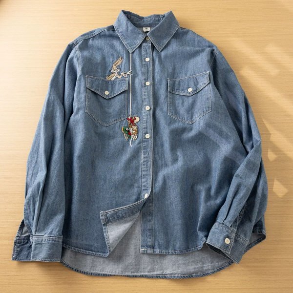 dd 2410 デニム 刺9 ワイシャツ チュニック オシャレ フリーサイズ ナチュラル 綿100% コットン拍卖