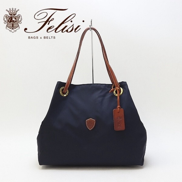 ◆Felisi フェリージ 17-21 ナイロン×レザー 肩掛け ショルダー トート バッグ 紺 ネイビー×ブラウン拍卖