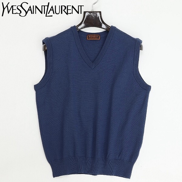 ヴィンテージ◆Yves Saint Laurent イヴサンローラン ロゴ カサンドラ刺繍 Vネック ウール ニット ベスト ライトネイビー L拍卖