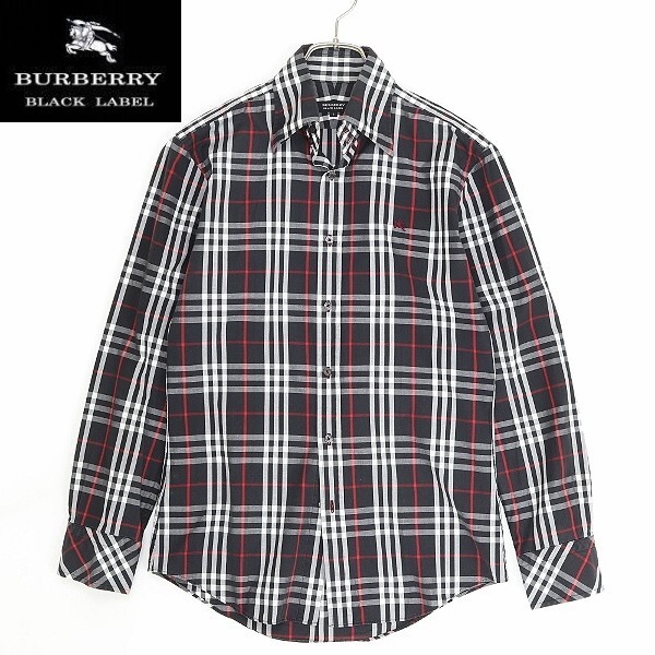 ◆BURBERRY BLACK LABEL バーバリー ブラックレーベル チェック柄 ロゴ刺繍 コットン 長袖 シャツ 黒 ブラック 1拍卖
