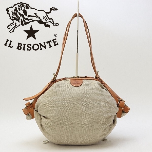 ◆IL BISONTE イル ビゾンテ キャンバス×レザー 肩掛け ショルダー キャンディ バッグ ナチュラル×ライトブラウン拍卖