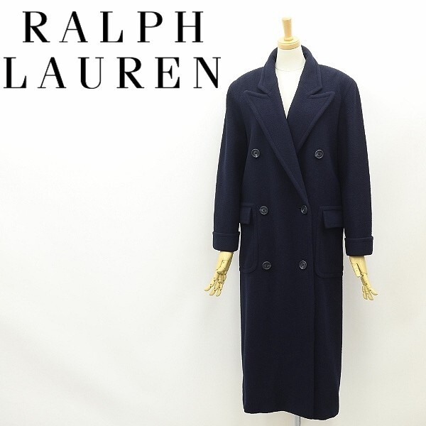 ヴィンテージ◆RALPH LAUREN ラルフローレン ウール バックベルト ダブル ロング コート 紺 ネイビー 9 国内正規品拍卖