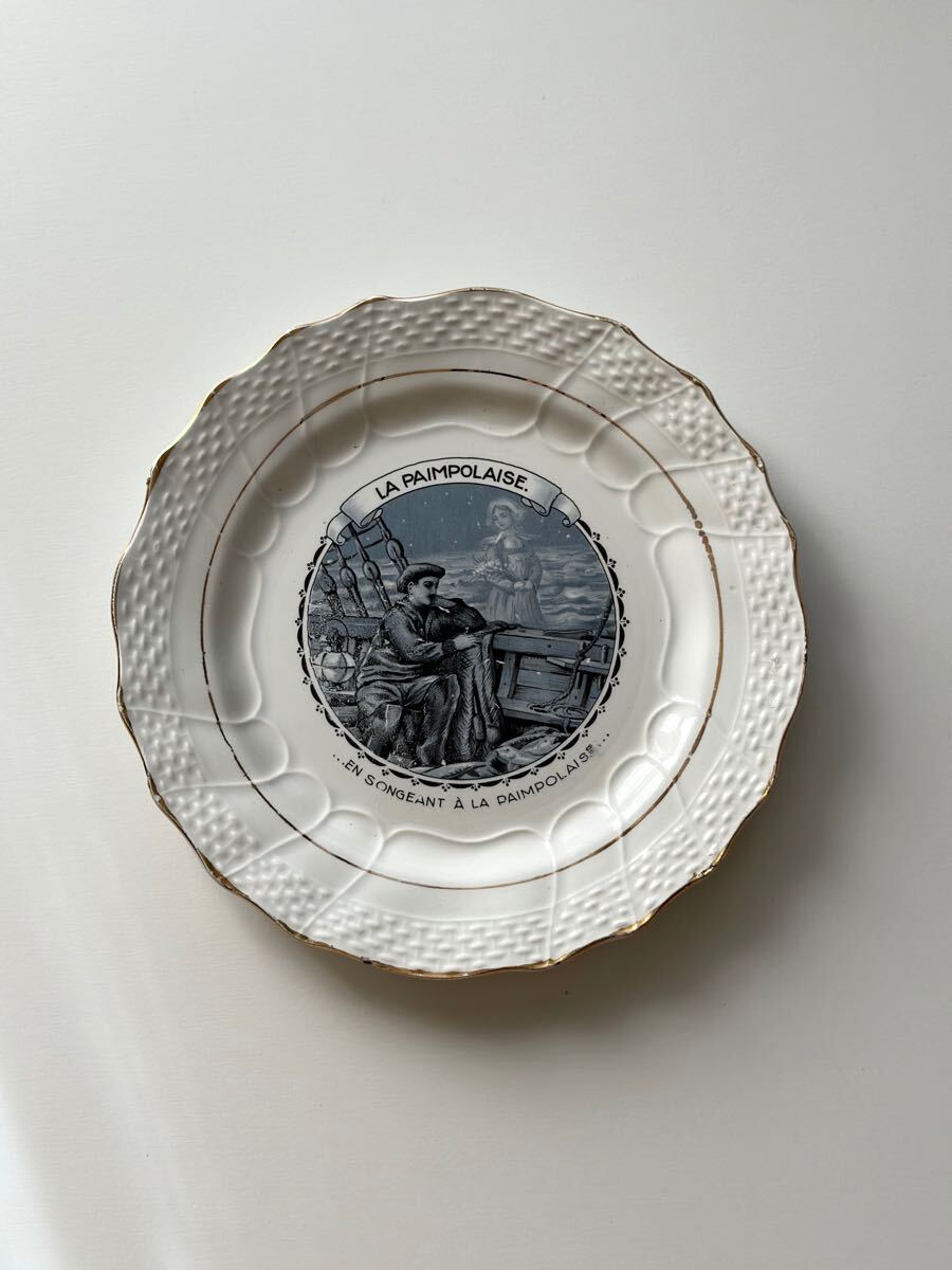 良品 フランス アンティーク 皿 Moulin des loups 金縁にレリーフプレート グリザイユ皿 トーキングプレート拍卖