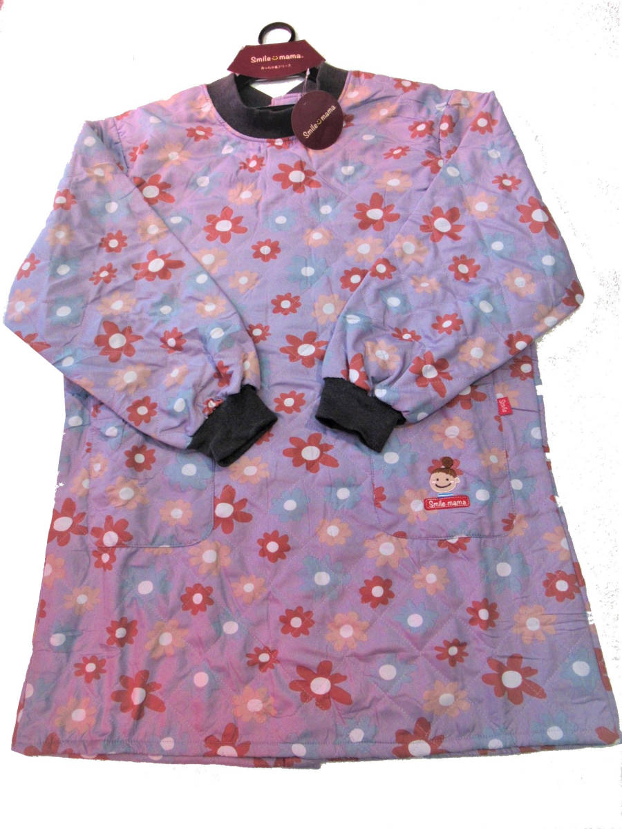 エプロン キッチン 秋冬モデル 総裏フリース 背開き花柄ハイネック キルト割烹着 サービス品 パープル ゆったりサイズ 22583r拍卖