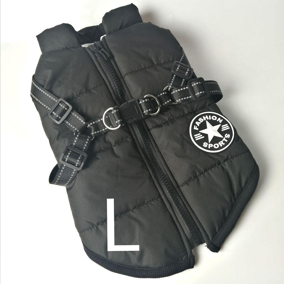 L ブラック 犬服 裏ボアダウン風ベストバックファスナー ハーネス付 背中ファスナー 背中開き 着せやすい 反射加工 撥水加工拍卖
