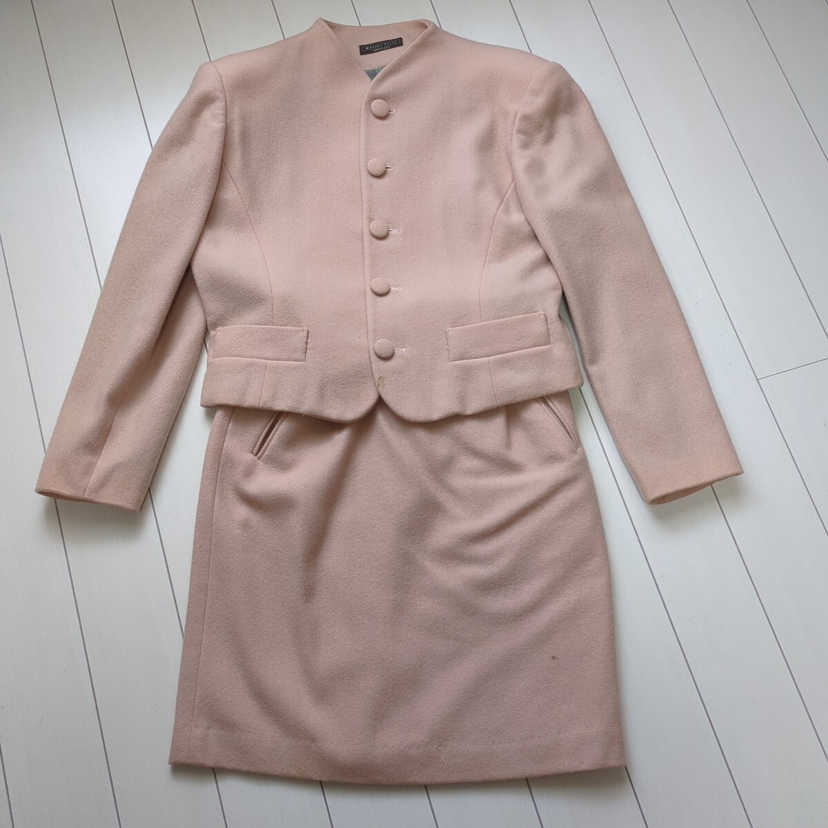 即決★Ray BEAMS レイビームス ウール90% セットアップ ジャケット スカート スーツ 淡いピンク★Mサイズ ひざ丈スカート拍卖