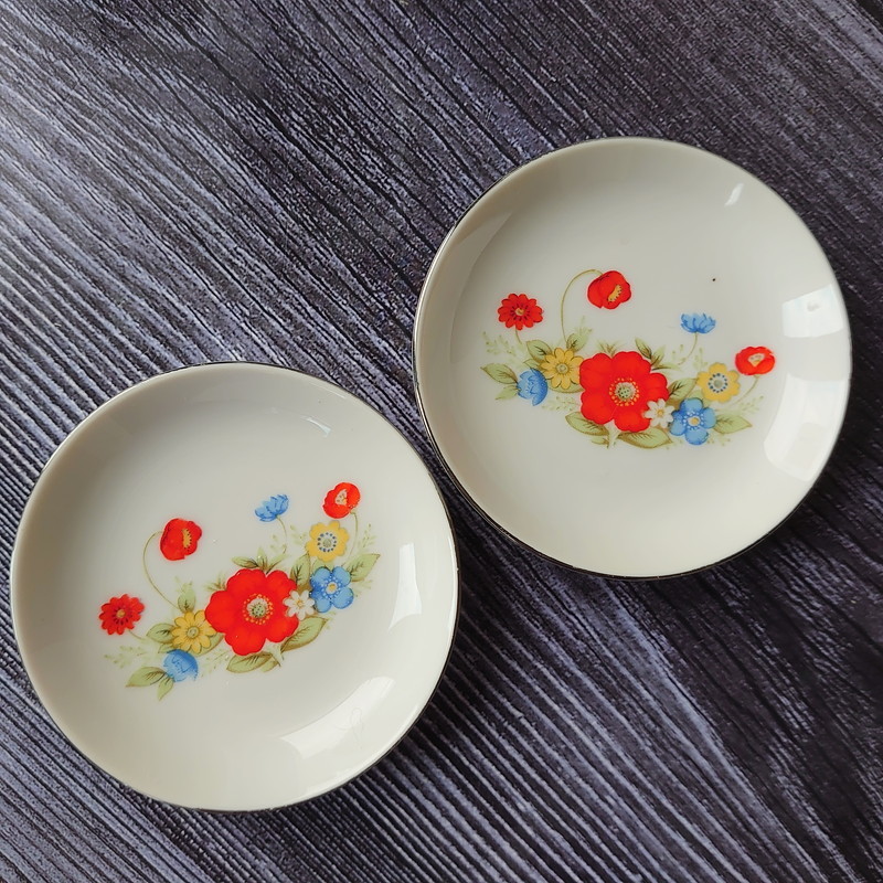 台湾◆レトロ食器◆大同◆豆皿 小皿 花柄 銀縁 2枚組◆台湾食器◆ヴィンテージ fie000105拍卖