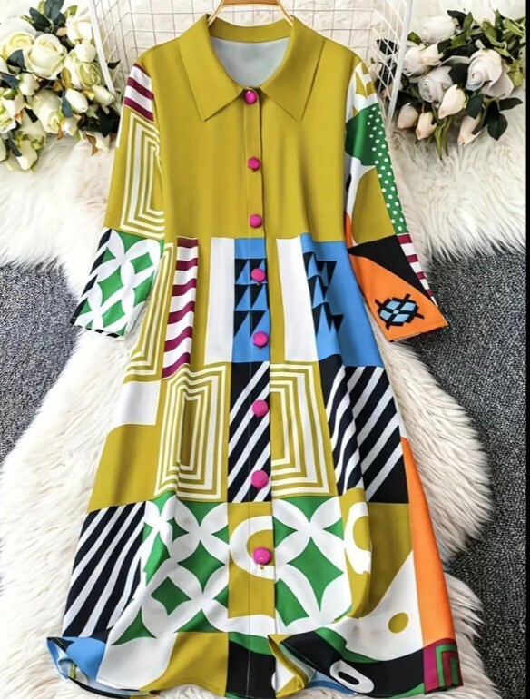 新品 大きいサイズ L~XL ワンピース 長袖 シャツワンピ マスタード系 おしゃれ拍卖