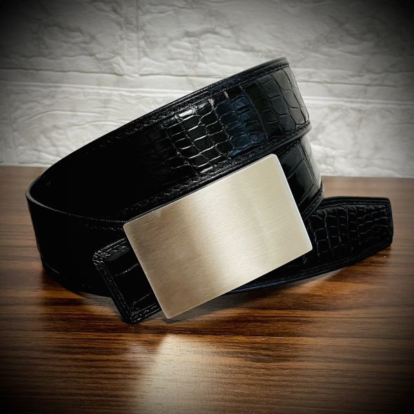 高級 クロコダイル ベルト ワニ革 本革 腹部 一枚革 105cm ウェイスト 85~90ブラック 本物証明書付き ステンレス バックル拍卖