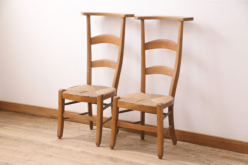 R-048748 イギリスアンティーク ビーチ材 編み座面のフレンチチャーチチェア2脚セット(椅子、ダイニングチェア)(R-048748)拍卖