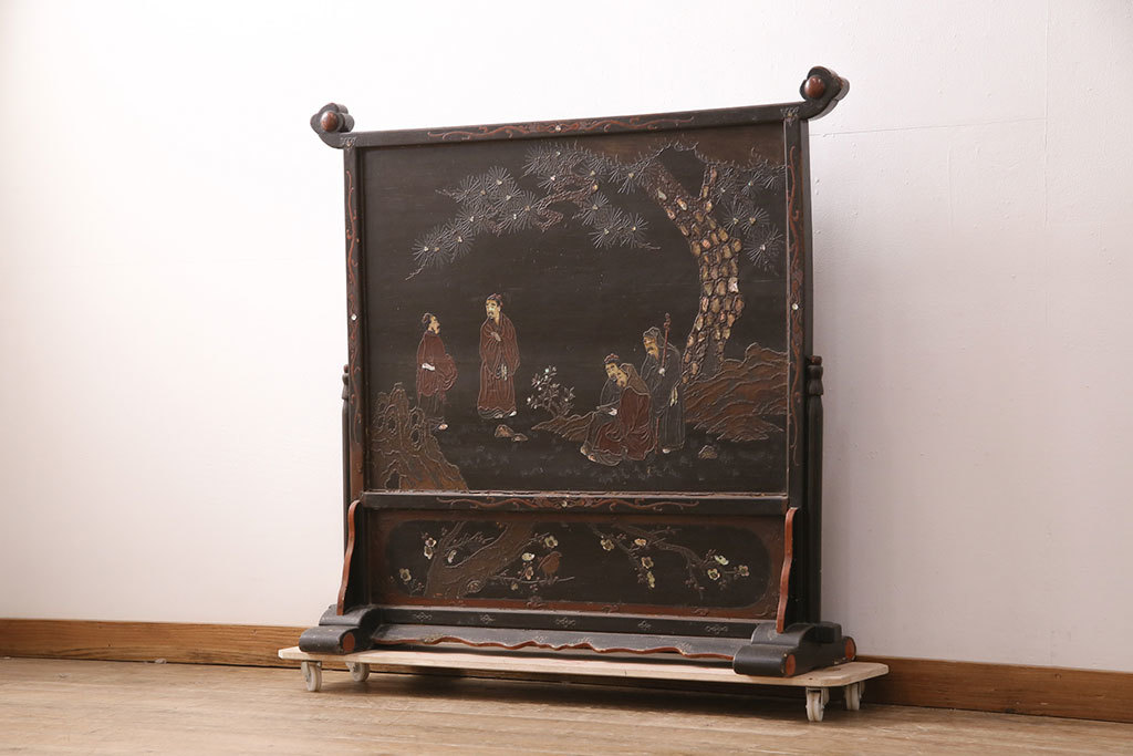 R-050454 和製アンティーク 希少品!漆絵と螺鈿細工が施された、趣ある佇まいの時代衝立(つい立て、パーテーション)(R-050454)拍卖