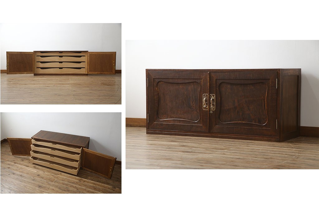 R-076248 和製アンティーク 前面柿材 時代箪笥ローボード(着物箪笥、衣装箪笥、テレビ台、テレビボード、ローチェスト、引き出し)拍卖