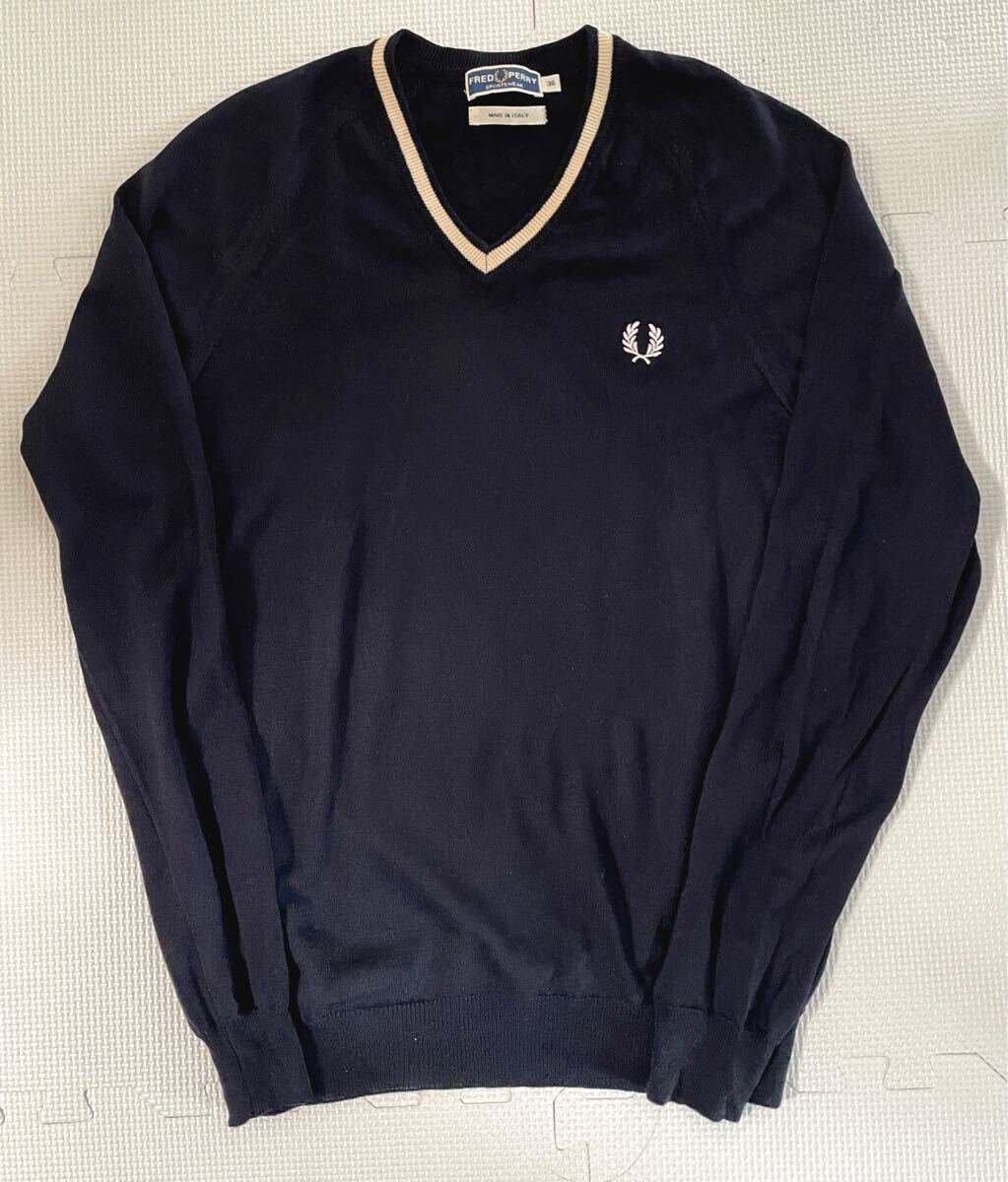 フレッドペリー Fred Perry Vネック セーター ネイビー 36 S M イタリア製 イギリス モッズ スキンヘッズ italy england mods skinheads拍卖