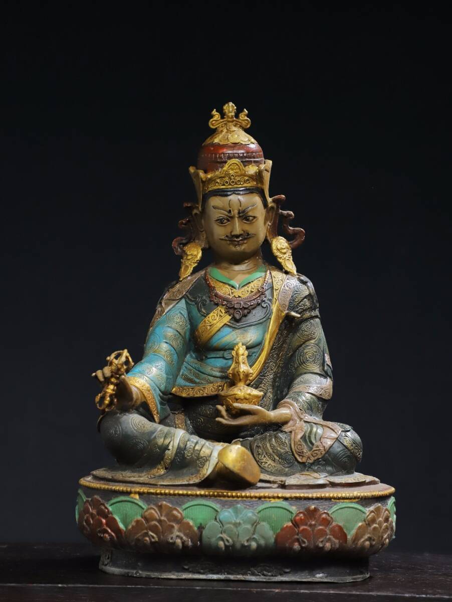 旧蔵 清 銅彩繪【蓮花生】仏像 奉納されていた 供養品 銅製 極細工 古美術 古美味 212-20拍卖