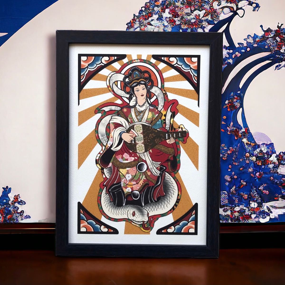 開運 招福 縁起物 尾九 オリジナル イラスト 七福神 弁財天 白蛇 A4サイズ 黒色 フレーム付き 壁掛け インテリア拍卖