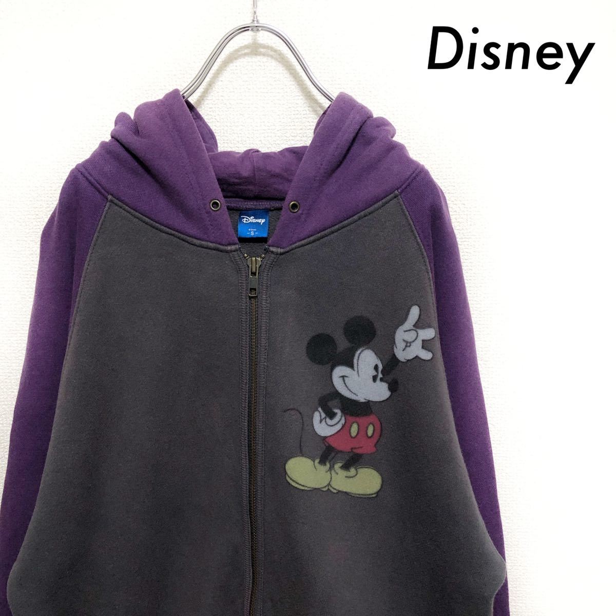 Disney ディズニー★ミッキープリント ジップアップパーカー ラグラン切替 グレー×パープル拍卖