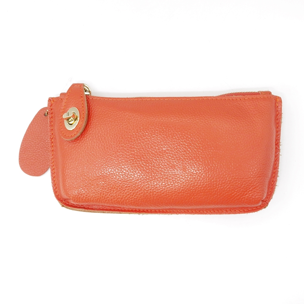 C24-2065 ミニショルダーバッグ お財布バッグ ポーチ ミニハンドバッグ オレンジ 本革 レザー カード入れ ストラップ付き 中国製拍卖
