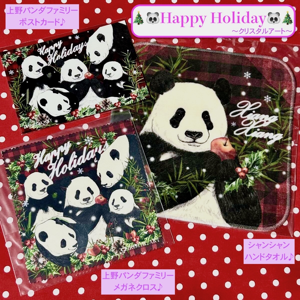 ◆クリスタルアート『Happy Holiday』◆上野パンダファミリー メガネクロス&ポストカード・シャンシャン ハンドタオル リーリー シンシン拍卖