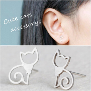061 シルバー カラー レディース スタッドピアス 両耳 ピアス かわいい シンプル 猫 アクセサリー ねこ拍卖