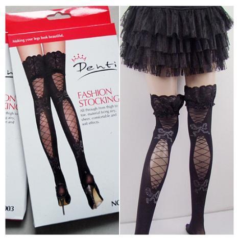 248 レディース ブラック 靴下 オーバーニー ひざ上 ハイソックス リボン メッシュ セクシー フリル拍卖