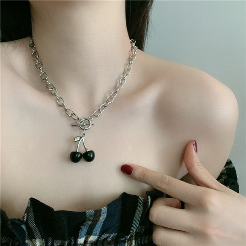 029 kn10【ブラック】ブラックチェリー ネックレス チェーンチョーカーネックレス アクセサリー ファッション小物 韓国スタイル拍卖