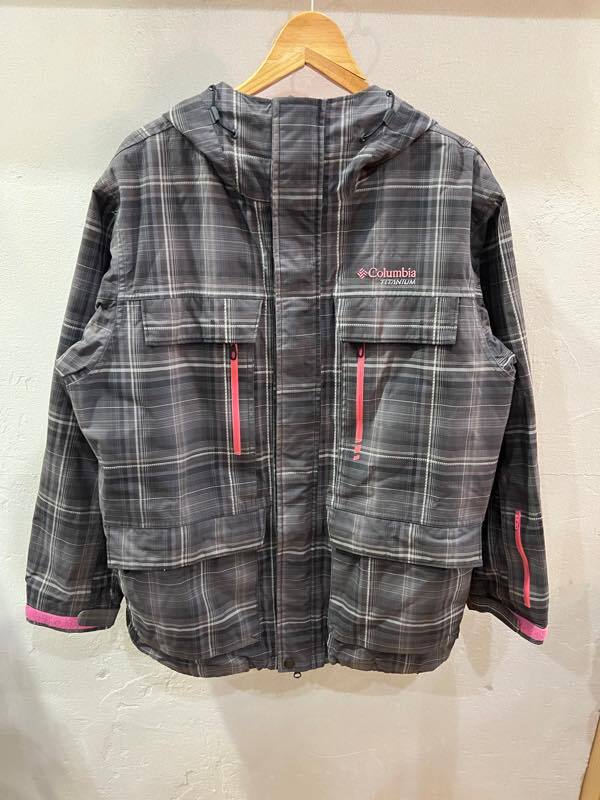 Columbia コロンビア size L スキージャケット TITANIUM チェック柄 刺繍ロゴ スキーウェア スノースポーツ グレー ピンク メンズ拍卖