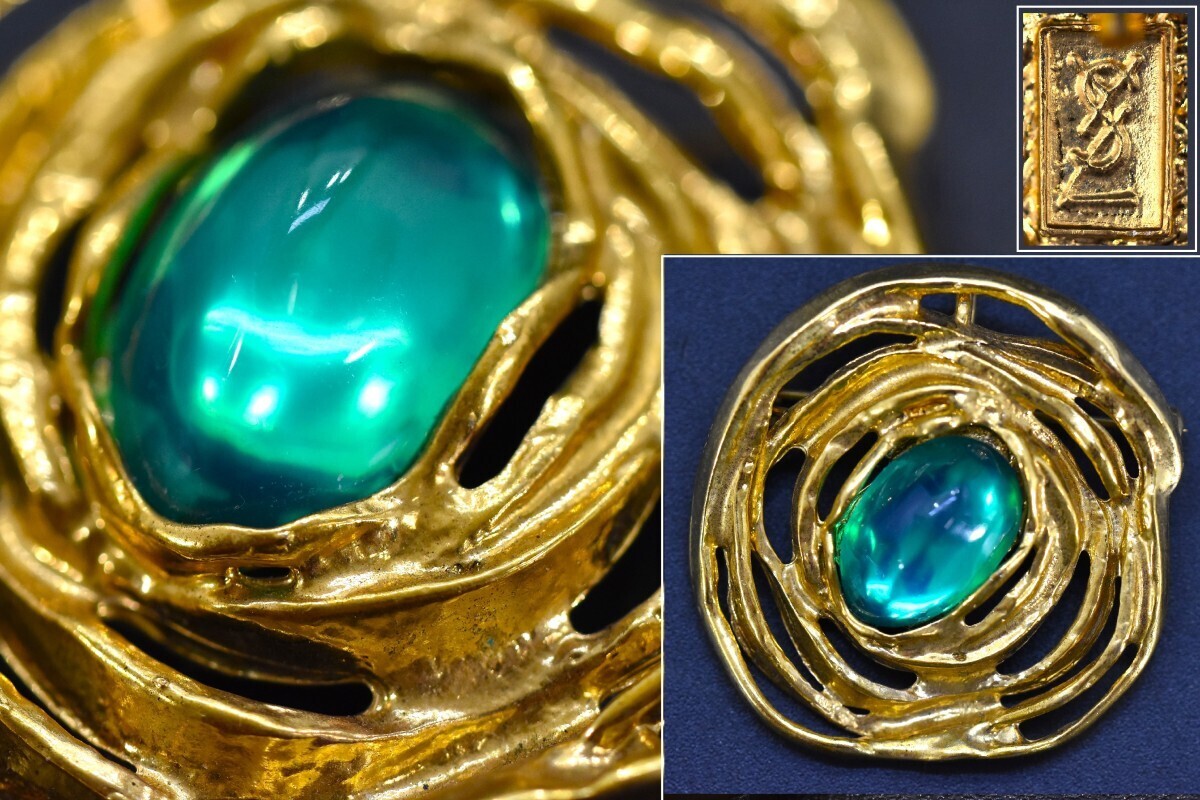 YVESSAINTLAURENT イヴサンローラン ヴィンテージ カラーストーン ピンブローチ ピンバッジ ゴールド系×グリーン系 RM-492G/000拍卖