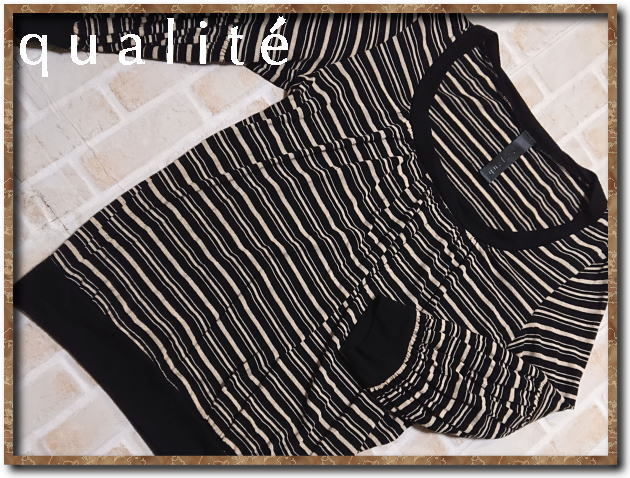 ☆qualite カリテ ボーダー7分袖カットソー 黒☆拍卖