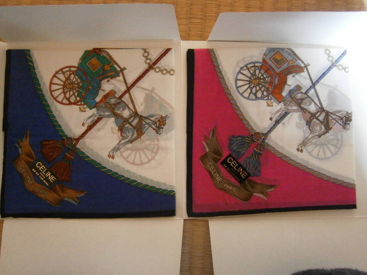 CELINE セリーヌ 大判ハンカチ ブルー&ピンク 2枚セット ケース入り拍卖
