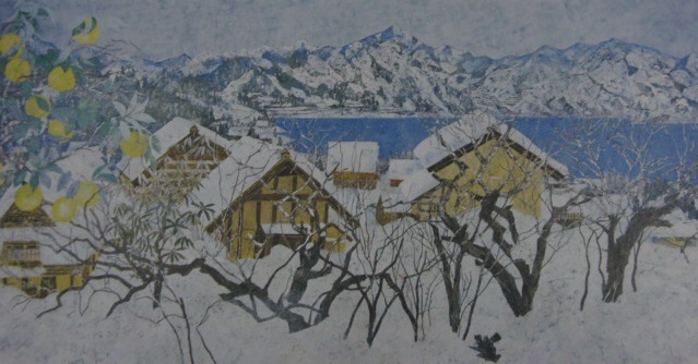 小笠原元、【春の雪】、希少な額装用画集より、新品額装付、状態良好、送料込み拍卖