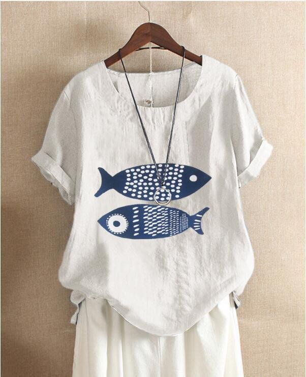 OHJ0085★M-4XLサイズ 夏新品 カジュアル 半袖 チュニック ゆったり プリント柄 綿麻 大きいサイズ シャツブラウス ホワイトお色選択可拍卖