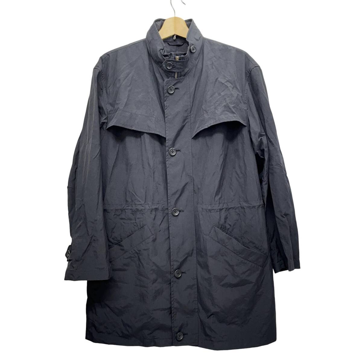 (志木)Paul stuart/ポールスチュアート ナイロン100% ロングコート Lサイズ ネイビー 紺色 着丈92cm フード収納付 (o)拍卖