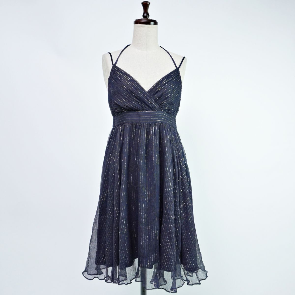 美品 Grace Class グレースクラス グレースコンチネンタル シフォン キャミワンピース ひざ丈 紺 ネイビー ゴールド サイズ36*VC67拍卖