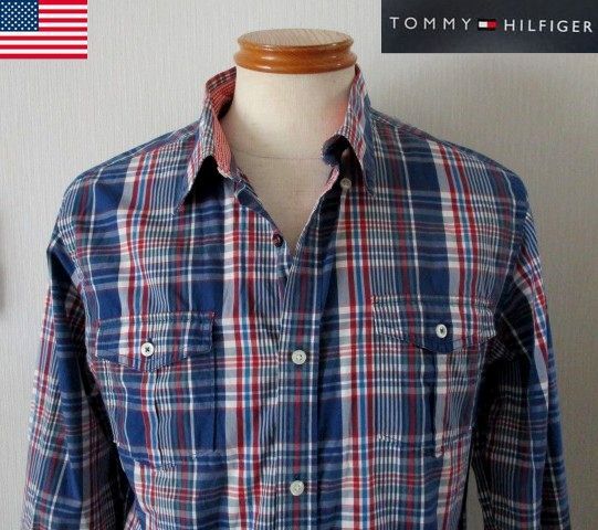 ★ メンズ トミーヒルフィガー TOMMY HILFIGER コットン チェック柄 長袖 ボタンダウン シャツ ビッグサイズ US XL 日本XXLサイズ 拍卖