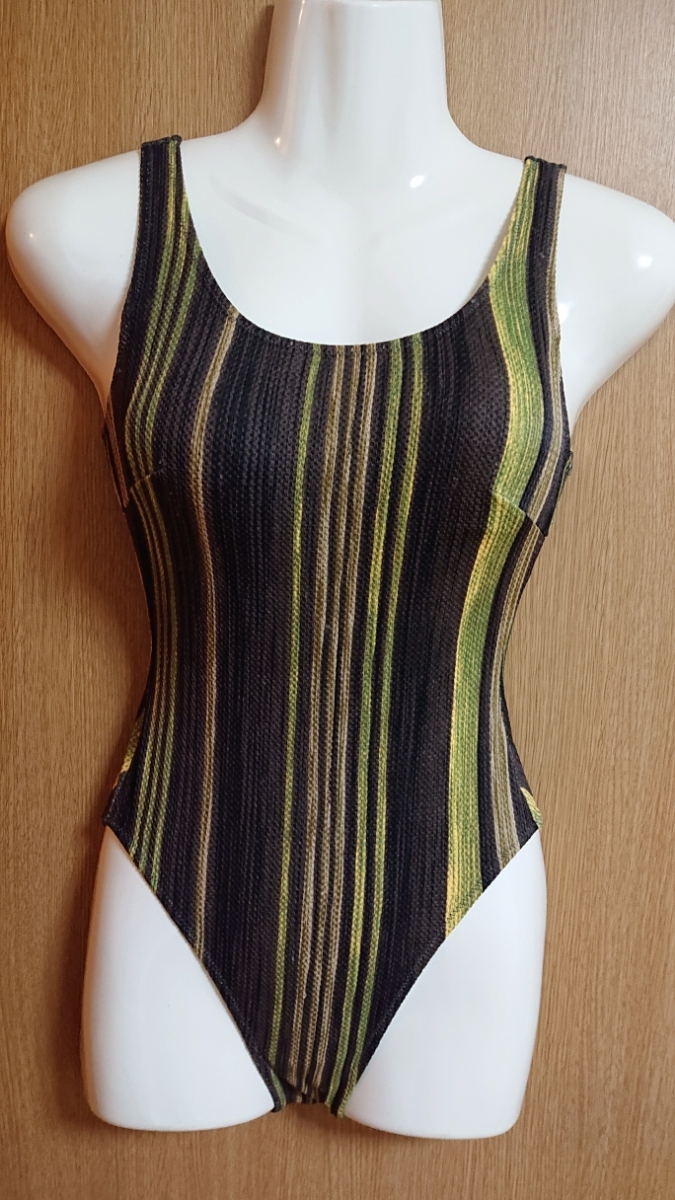 ☆Cecile☆焦げ茶×カーキ系☆ストライプ柄のワンピース水着☆9M☆日本製☆拍卖