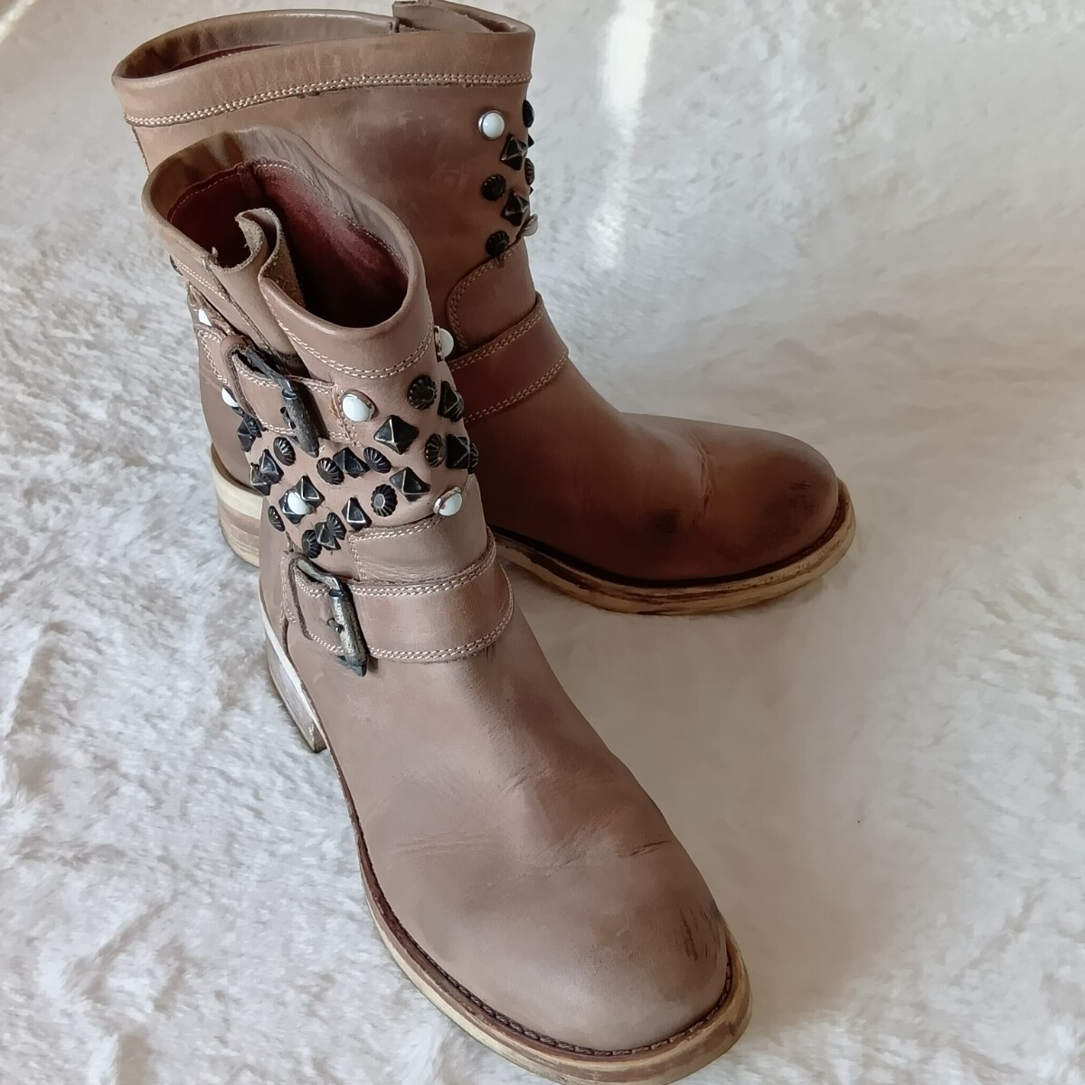 【イタリア製リアルレザー】SETTIMANA セッティマーナ スタッズ エンジニアブーツ ベージュ 37 ★1000 拍卖
