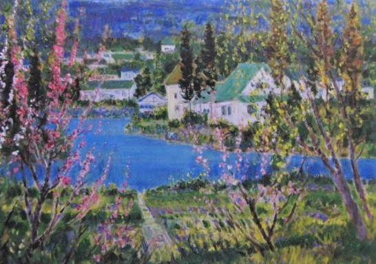 垣内カツアキ、『花咲く池畔(シリーズ日本の風景を謳う)』、希少画集より、状態良好、新品木製額・額装付、送料込み、洋画拍卖